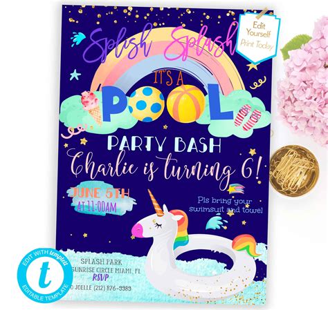 Unicorn Pool Party Birthday Invitation Girl Pool Party Invite Etsy