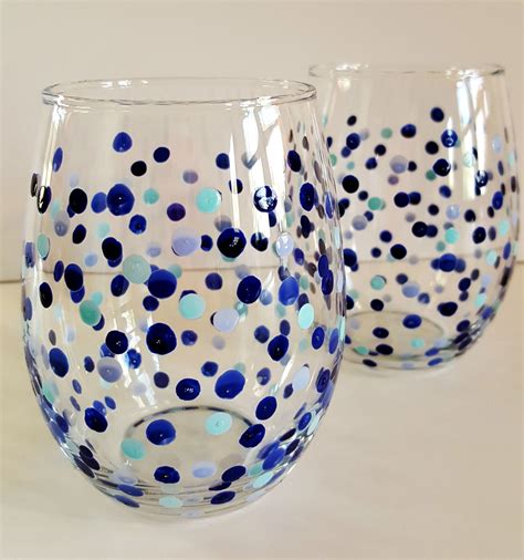 Wine Glasses Hand Painted Blue Polka Dot By Whinealittlets