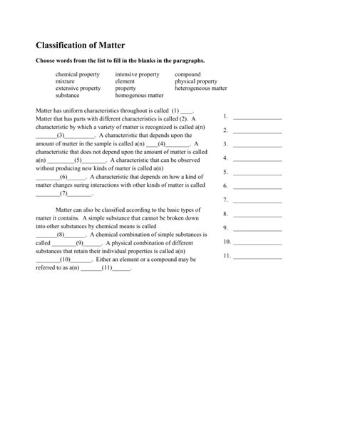 Classification of Matter Worksheets