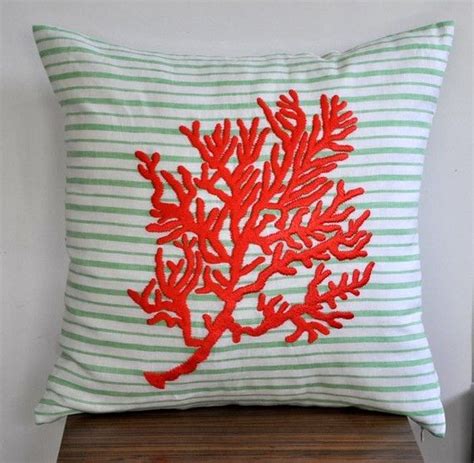 Coral Throw Pillow Cover Green White Striped Linen Orange Coral
