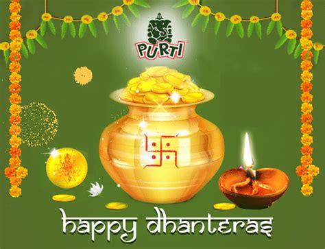 Happy Dhanteras Greeting Card With Pot Full Of Gold Coins And Lit