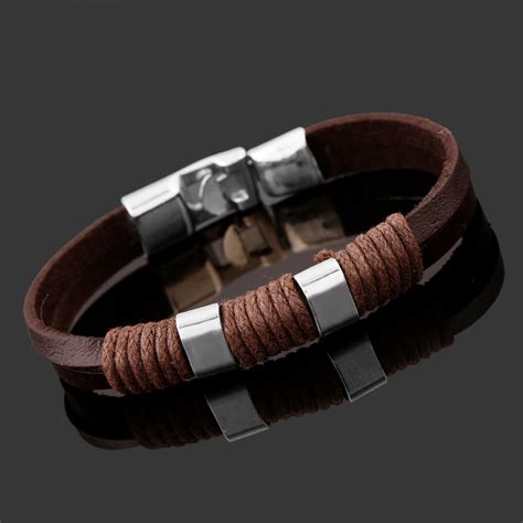 mens bracelets stainless steel black leather bracelet wristband bangle punk style fashion