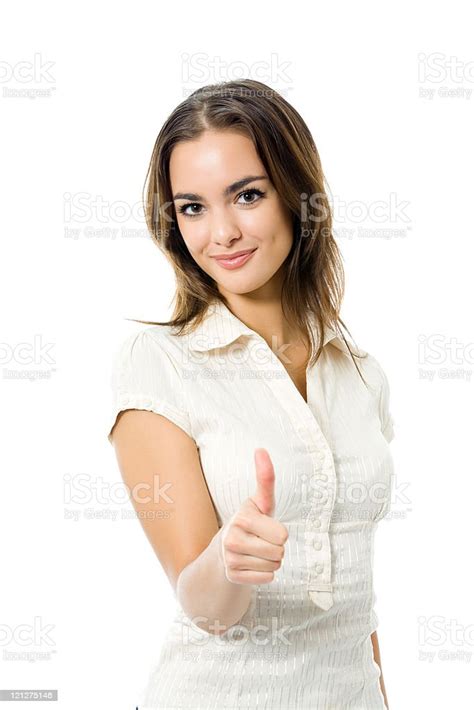 Young Happy Woman With Thumbs Up Gesture Isolated Stock Photo