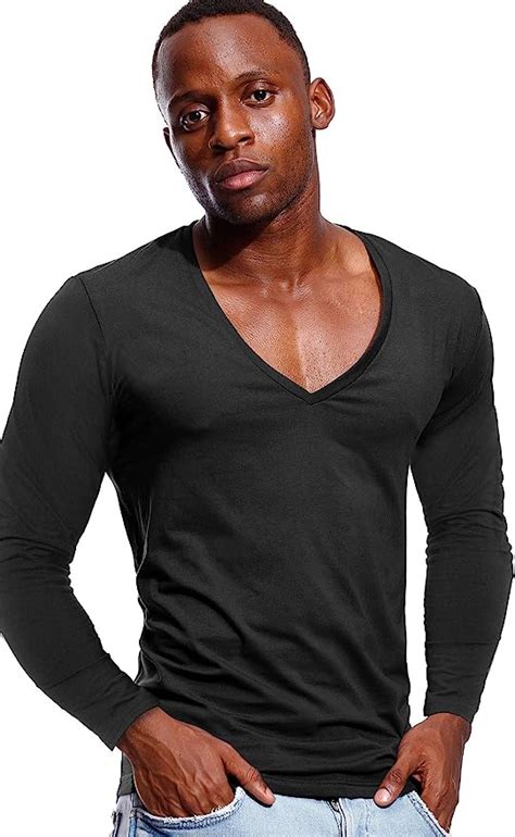 Zbrandy Deep V Neck Shirts Men Long Sleeve Stretch T Shirt Low Cut