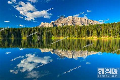 Reflection Of Trees In A Lake Johnson Lake Mt Rundle Banff National