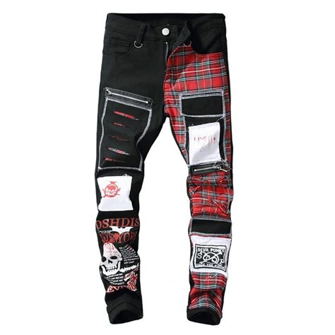 Mens Skull Printed Scottish Plaid Patchwork Jeans Trendy Patches Design