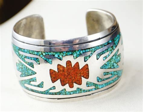 Vintage Mexico Sterling Silver Turquoise Chip Inlay Wide Cuff Bracelet