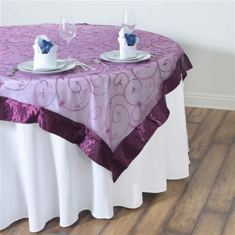 Buy 60x60 Eggplant Satin Edge Embroidered Sheer Organza Square Table