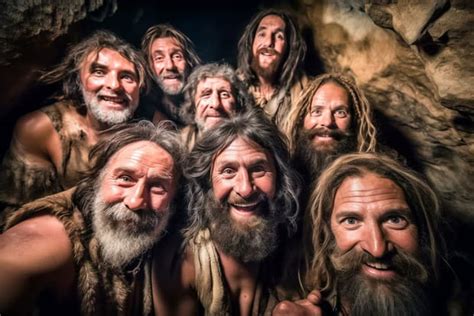 Selfies d époque Des hommes des cavernes du Paléolithique Image IA