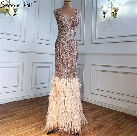 serene hill dubai luxury feathers mermaid sexy evening dresses v neck sleeveless sparkle gowns