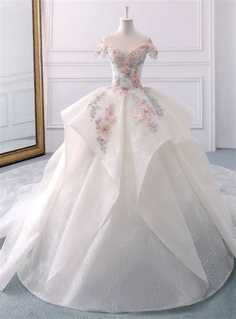 White Ball Gown Lace Off The Shoulder Flower Wedding Dress In 2020 White Ball Gowns Ball
