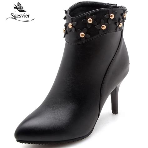 sgesvier black women ankle boots zipper pointed toe pu leather winter shoes platform thin high