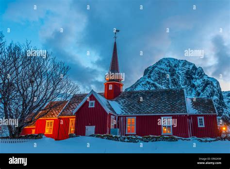 Flakstad Church By Night Flakstad Lofoten Islands Norway Stock Photo