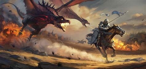 Digital Art Soldier Dragon Fire Warrior Horse Flag Knight