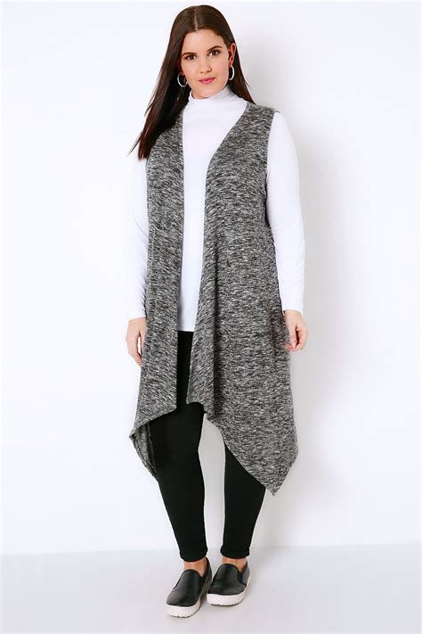 Grey Mix Longline Sleeveless Cardigan Plus Size 16 To 36