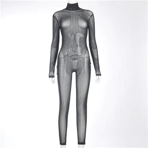 Women Fashion Sexy Solid Color See Through Mesh Cutout Embellished Long