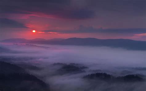 Nature Landscape Purple Sky Mist Mountain Sunset Forest Clouds