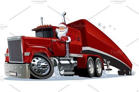 A Red Truck With A Santa Clause On The Side And Snowflakes Around It