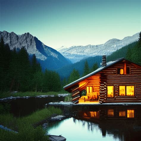 Log Cabin At Night In The Woods With Mountains And River · Creative Fabrica