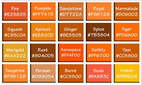Shades Of Orange And Names With Hex Rgb Color Codes