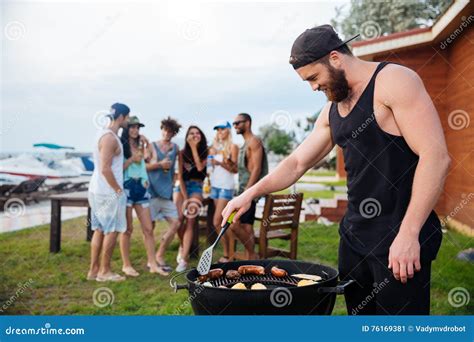 Barbeque Party Picnic Concept Bbq Chef Handsome Guy Cooking Food Cooking Burgers Man Hold