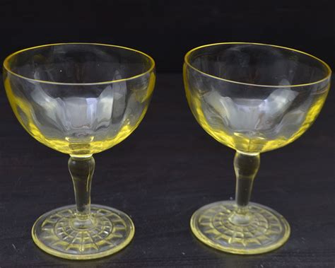 Pair Of Vintage Yellow Vaseline Glass Cocktail Glasses Goblets Etsy Vaseline Glass Vintage