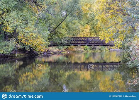 Footbridge Over A River In Fall Scenery Stock Image Image Of Drizzle
