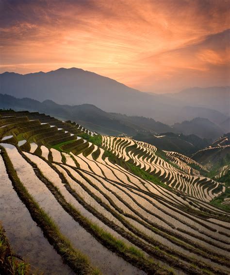 Sunrise At Dragons Backbone Rice Terraces Near Yao Village Of Dazhai