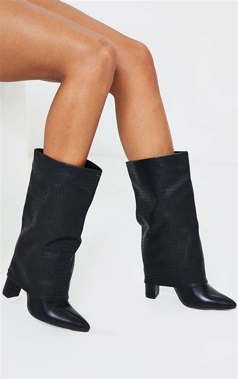 Black Fold Over High Point Block Heel Calf Boot Prettylittlething