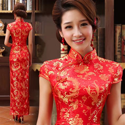 Mandarin Collar Gold Red Long Traditional Chinese Wedding Dress Chinese Wedding Dress Chinese