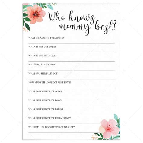 Who Knows Mommy Best Baby Shower Game Printable Floral Theme
