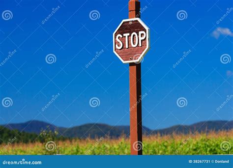 Stop Sign Against A Blue Sky Stowe Vermont Usa Stock Image Image Of
