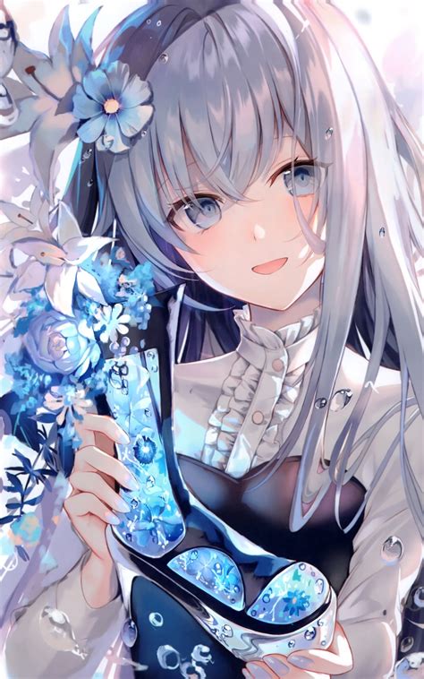 Download 1600x2560 Beautiful Anime Girl Gray Hair Smiling Blue