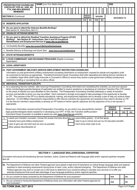 Dd Form 2648 Service Member Pre Separationtransition Counseling And