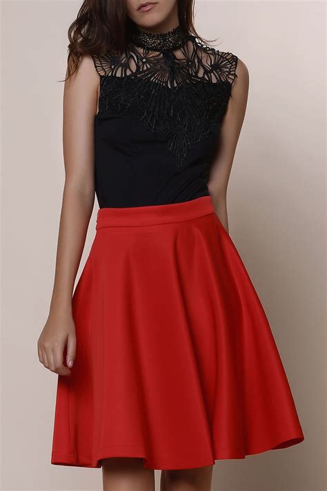 2018 Stylish Solid Color Flare Skirt For Women In Red M