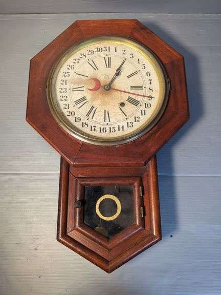 Antique Terry Clock Co Octagon Short Drop School House Calendar Clock