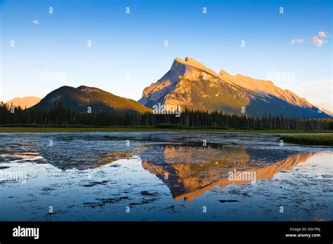 Mount Rundle And First Vermillion Lake At Sunset In The Banff National
