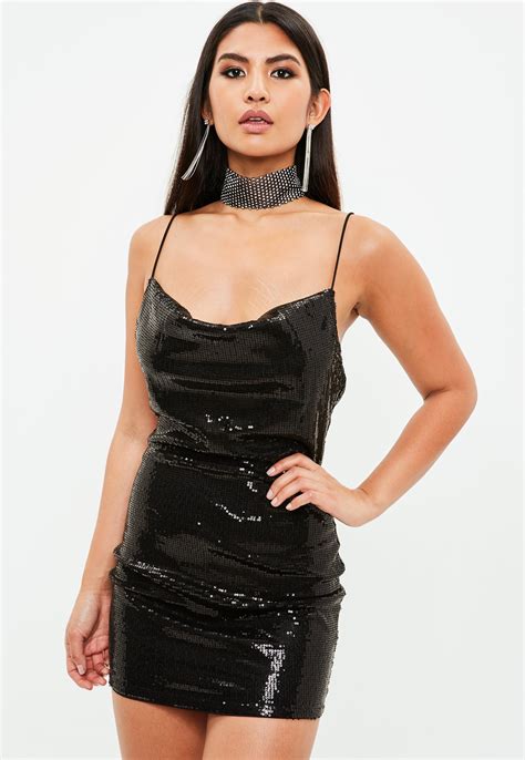 Lyst Missguided Black Strappy Sequin Cowl Bodycon Dress In Black