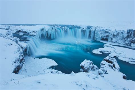 Beautiful Godafoss Waterfall In Winter Covered In Snow Iceland Stock