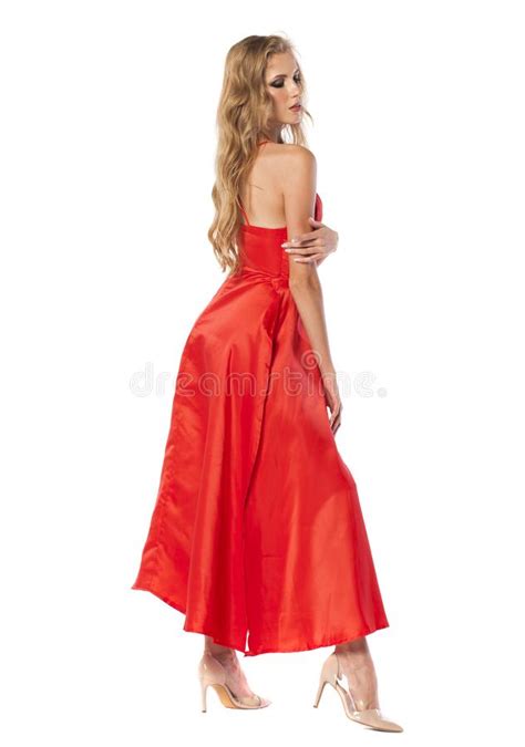 Young Beautiful Happy Blonde Woman In Red Dress Stock Image Image Of