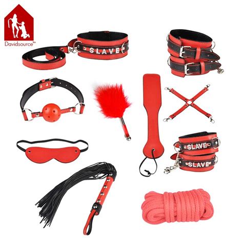 Davidsource Red Leather Slave Pcs Set Wrist Ankle Cuffs Gag Blinder Feather Whip Beat X Cross