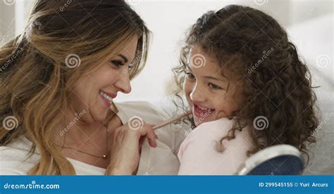 Mother Daughter And Makeup Or Brush With Smile For Bonding Cosmetics And Eyeshadow On Sofa Of
