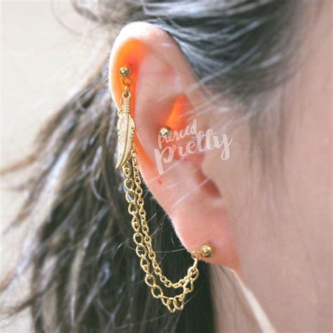 20g 16g Helix To Lobe Feather Chain Earring Helix Double Chain Etsy
