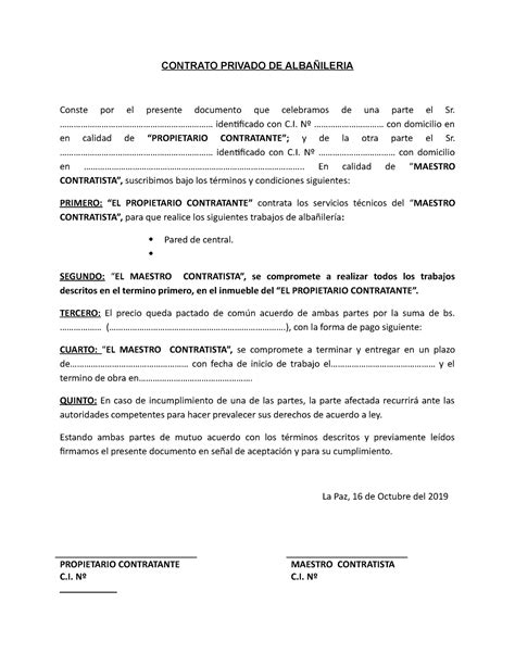 Contrato Privado De Albañileria Para Contrato De Servicios Contrato
