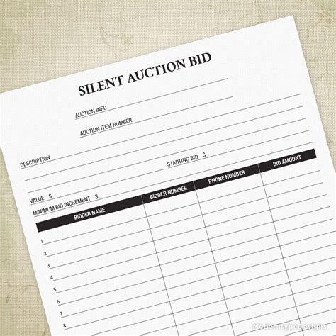 Silent Auction Bid Sheet Printable Fundraiser Event Bidding Etsy