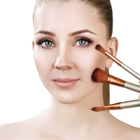 Beautiful Woman Holds Makeup Brushes Near Face Stock Photo Image Of