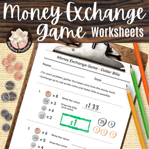 Money Exchange Game Counting Coins Worksheets Montessori Money