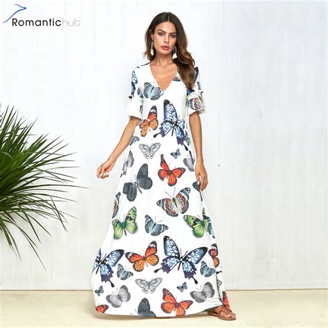 Butterfly Print Dress Women Flare Sleeve Elegant Maxi Summer Dress High