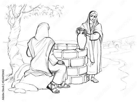 Christ And The Samaritan Woman At The Well Pencil Drawing Stock Illustration Adobe Stock