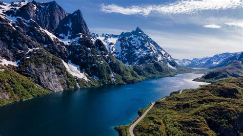 Download 1366x768 Wallpaper Norway Lofoten Mountains Aerial View